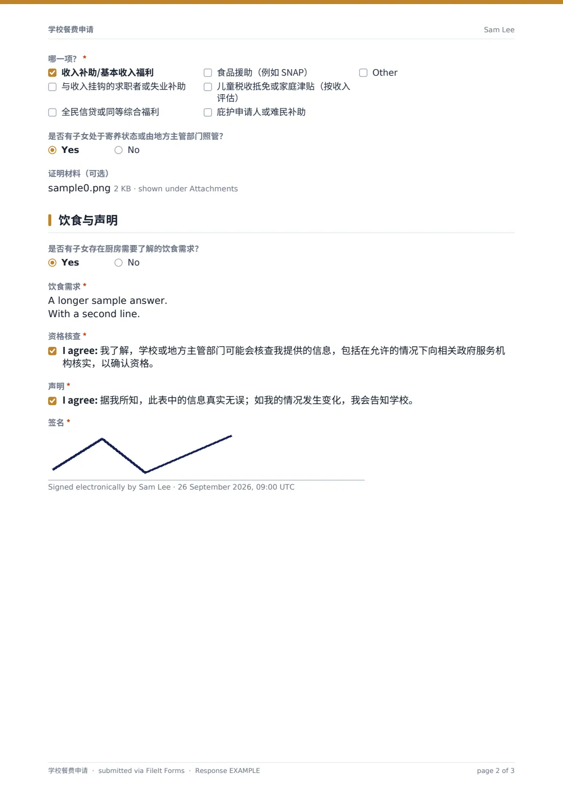 学校餐费申请 — 示例回复 PDF，第 2 页，共 3 页
