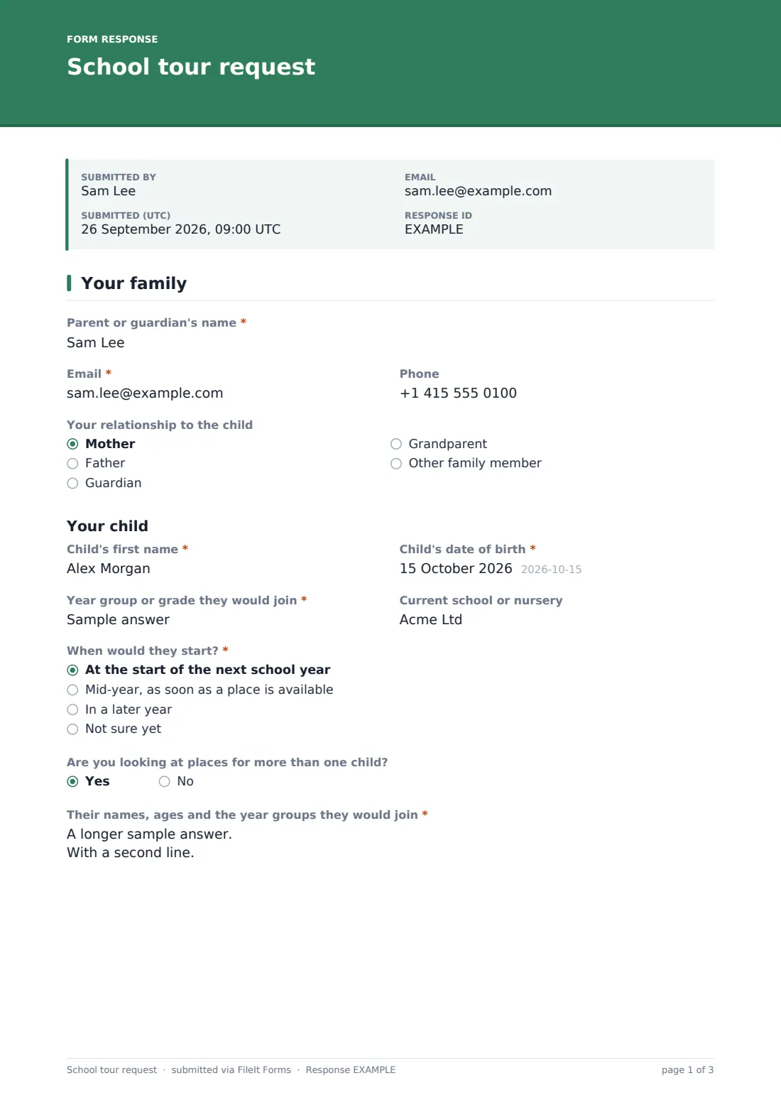 School tour request — example response PDF, page 1 of 3