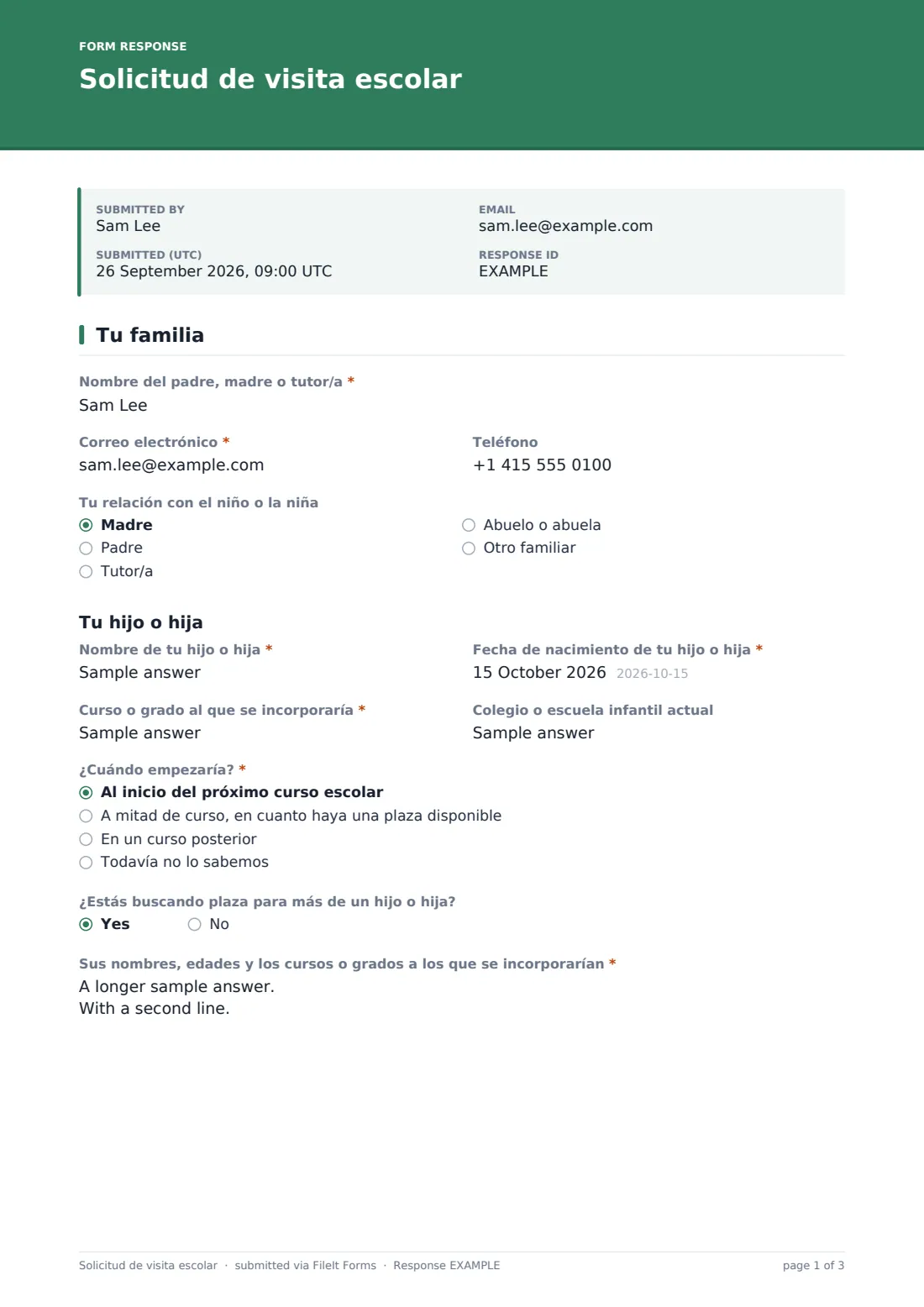 Solicitud de visita escolar — PDF de respuesta de ejemplo, página 1 de 3