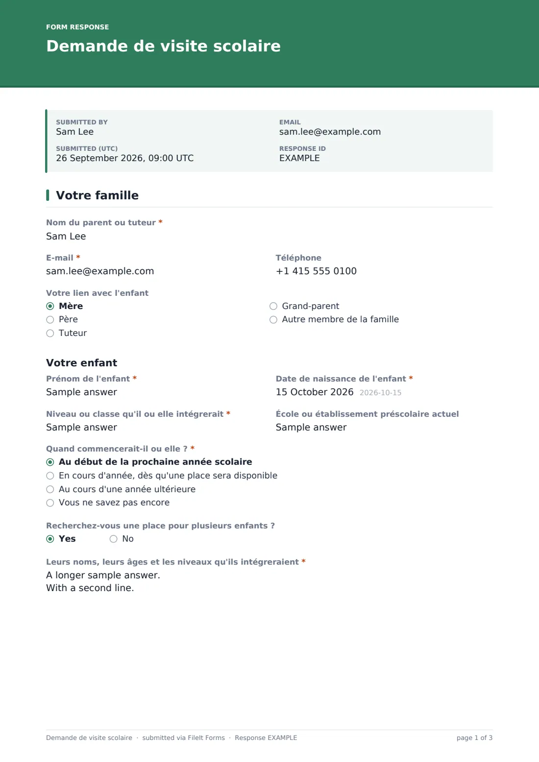 Demande de visite scolaire — exemple de réponse au format PDF, page 1 sur 3