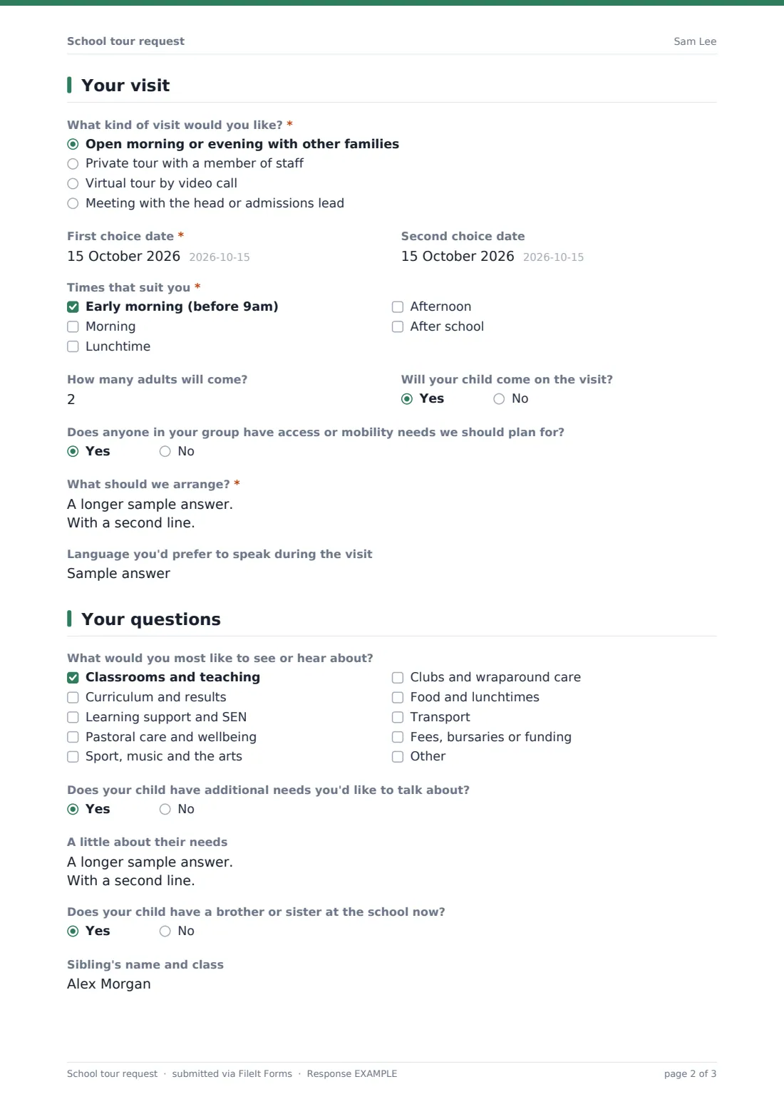 School tour request — example response PDF, page 2 of 3