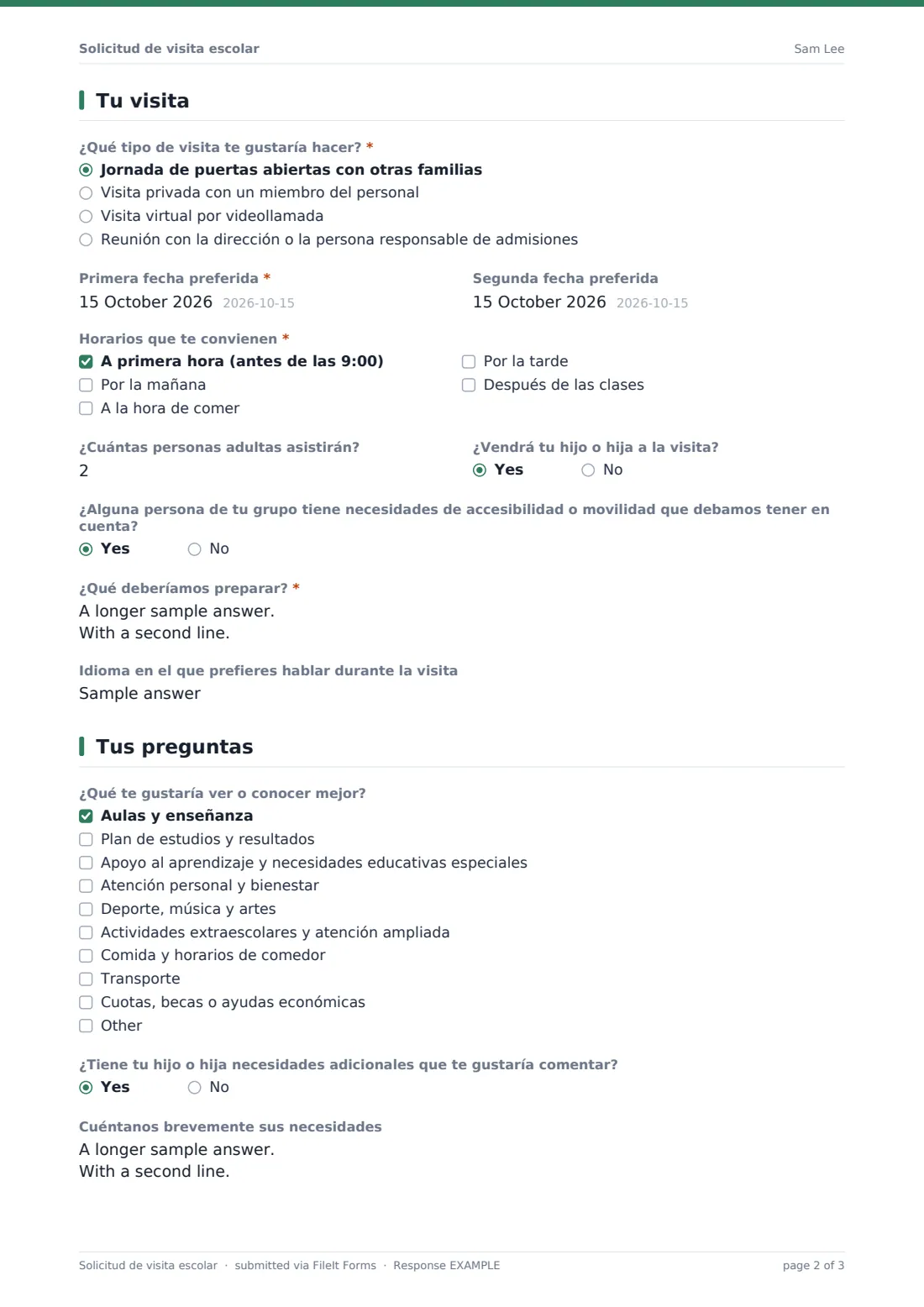 Solicitud de visita escolar — PDF de respuesta de ejemplo, página 2 de 3