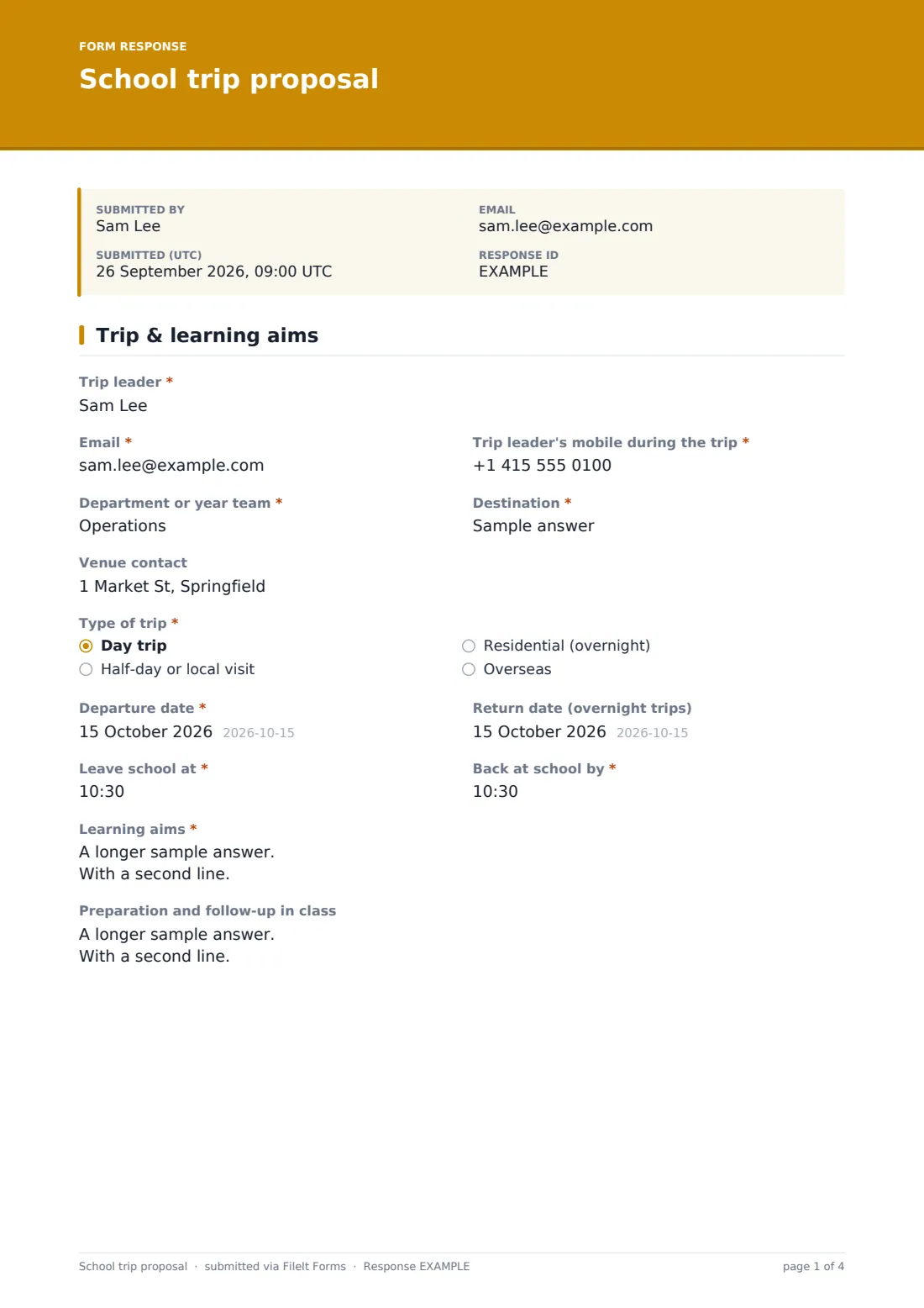 School trip proposal — example response PDF, page 1 of 4