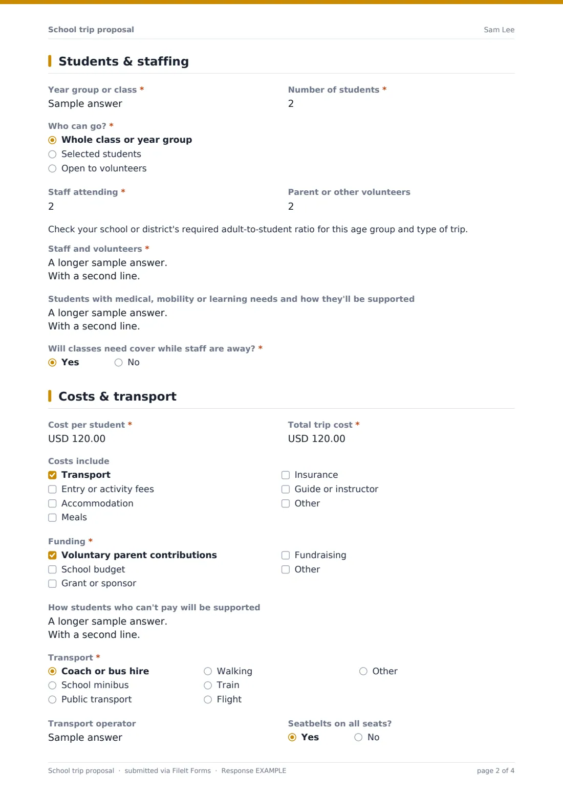 School trip proposal — example response PDF, page 2 of 4