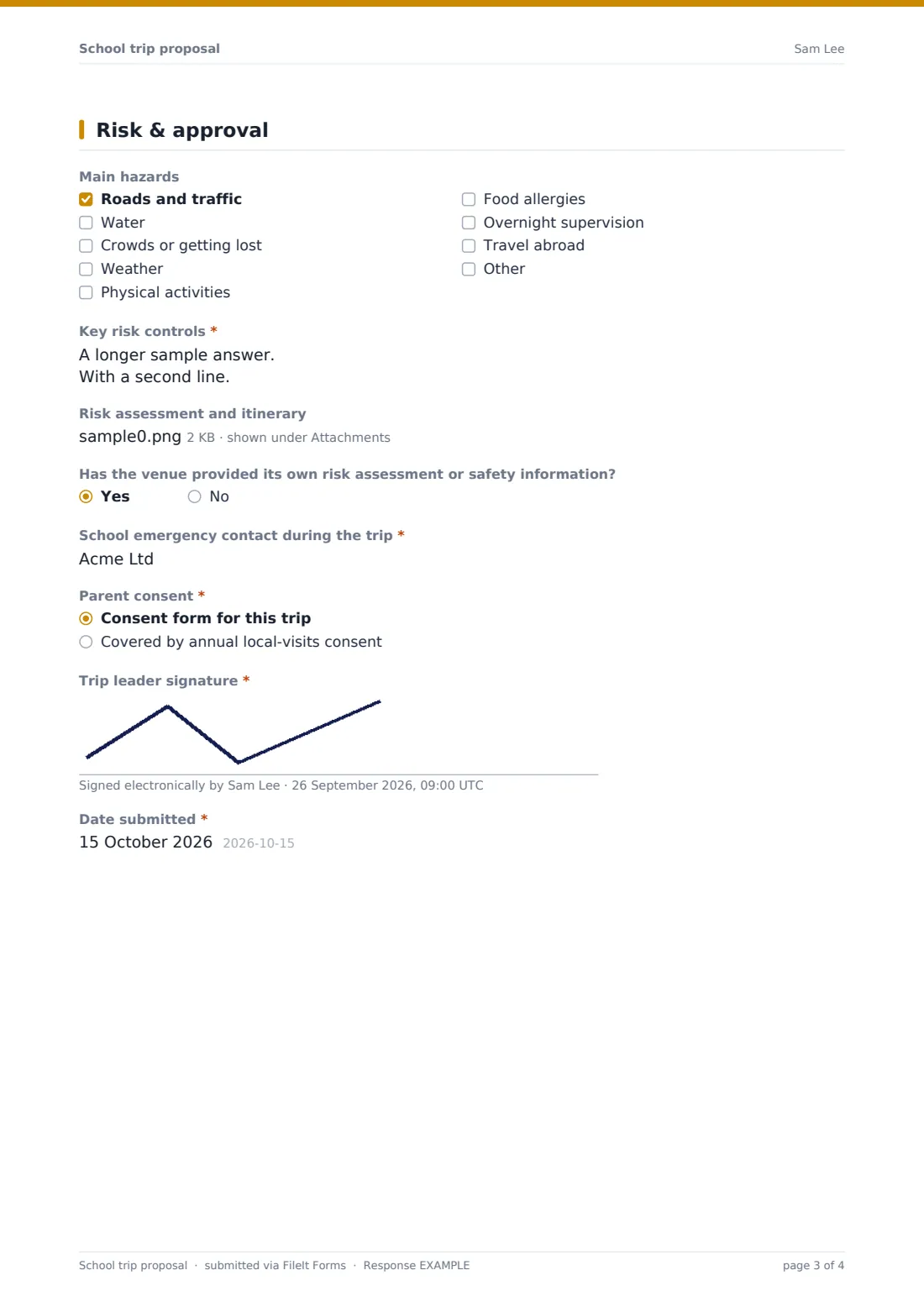 School trip proposal — example response PDF, page 3 of 4