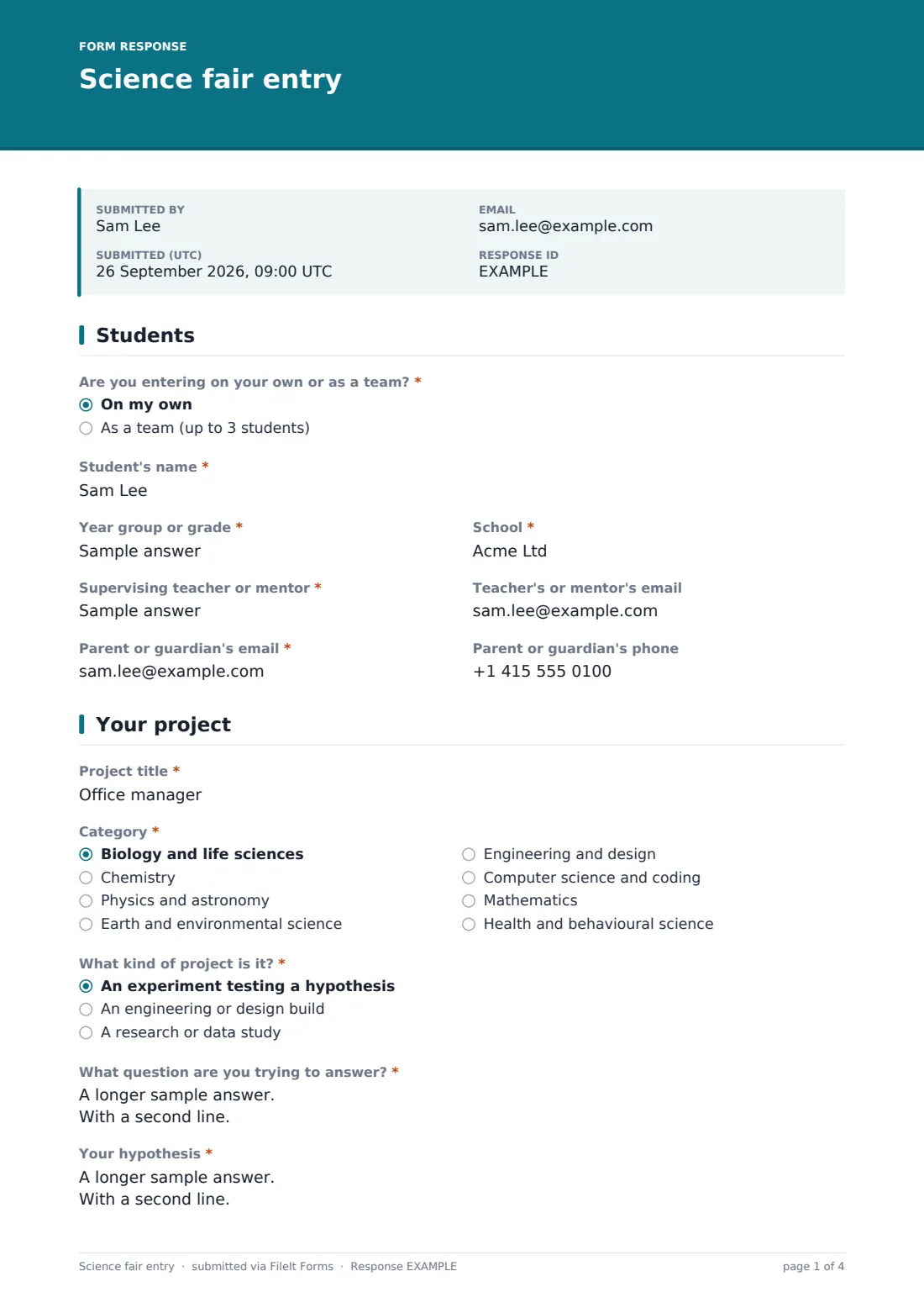 Science fair entry — example response PDF, page 1 of 4