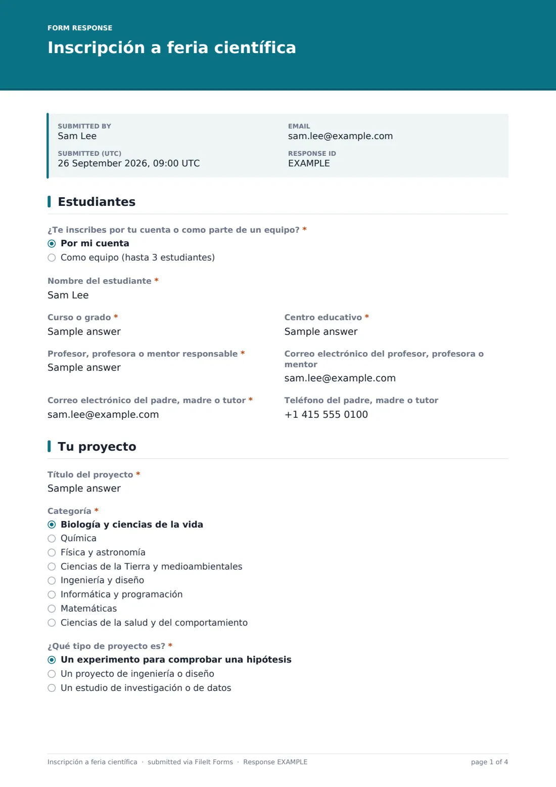 Inscripción a feria científica — PDF de respuesta de ejemplo, página 1 de 4