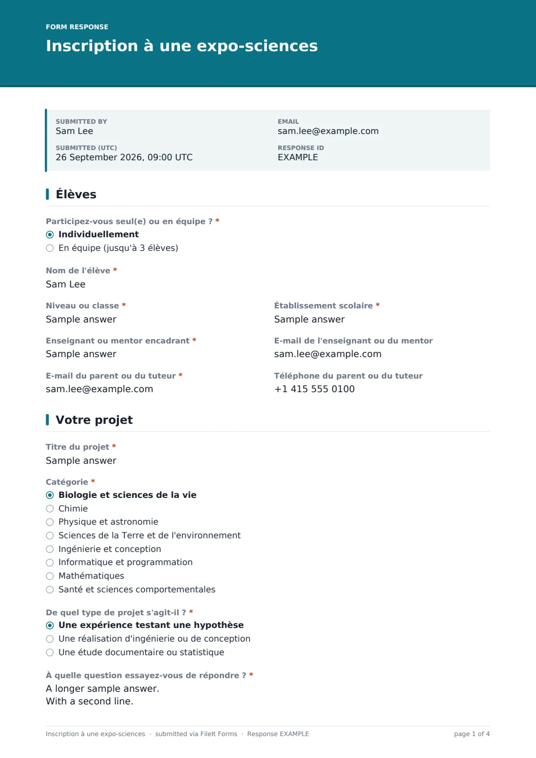 Inscription à une expo-sciences — exemple de réponse au format PDF, page 1 sur 4