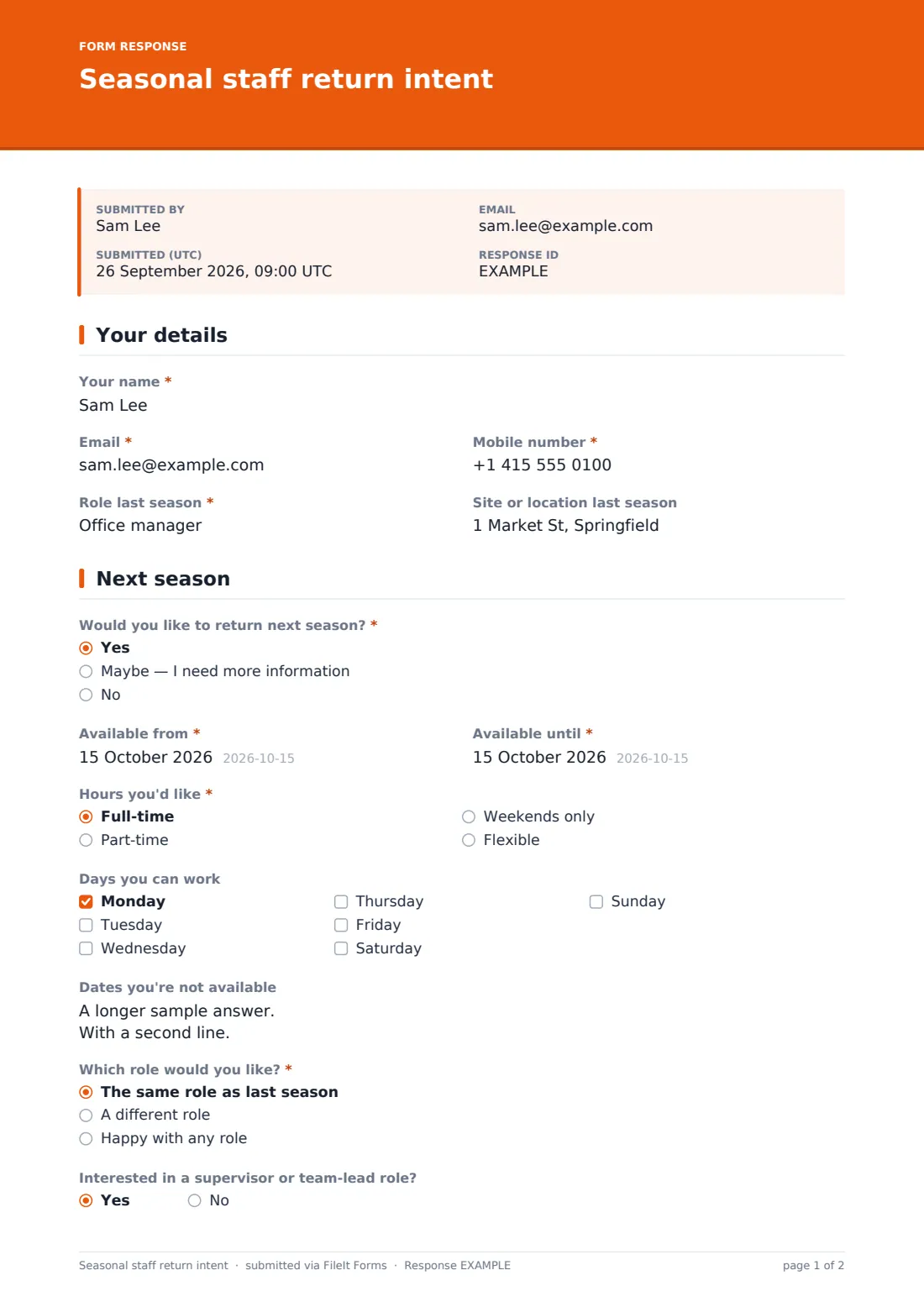 Seasonal staff return intent — example response PDF, page 1 of 2
