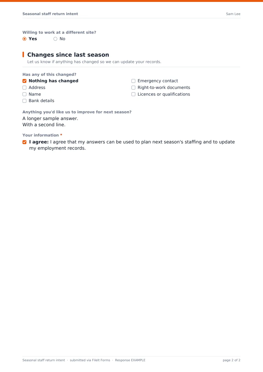Seasonal staff return intent — example response PDF, page 2 of 2