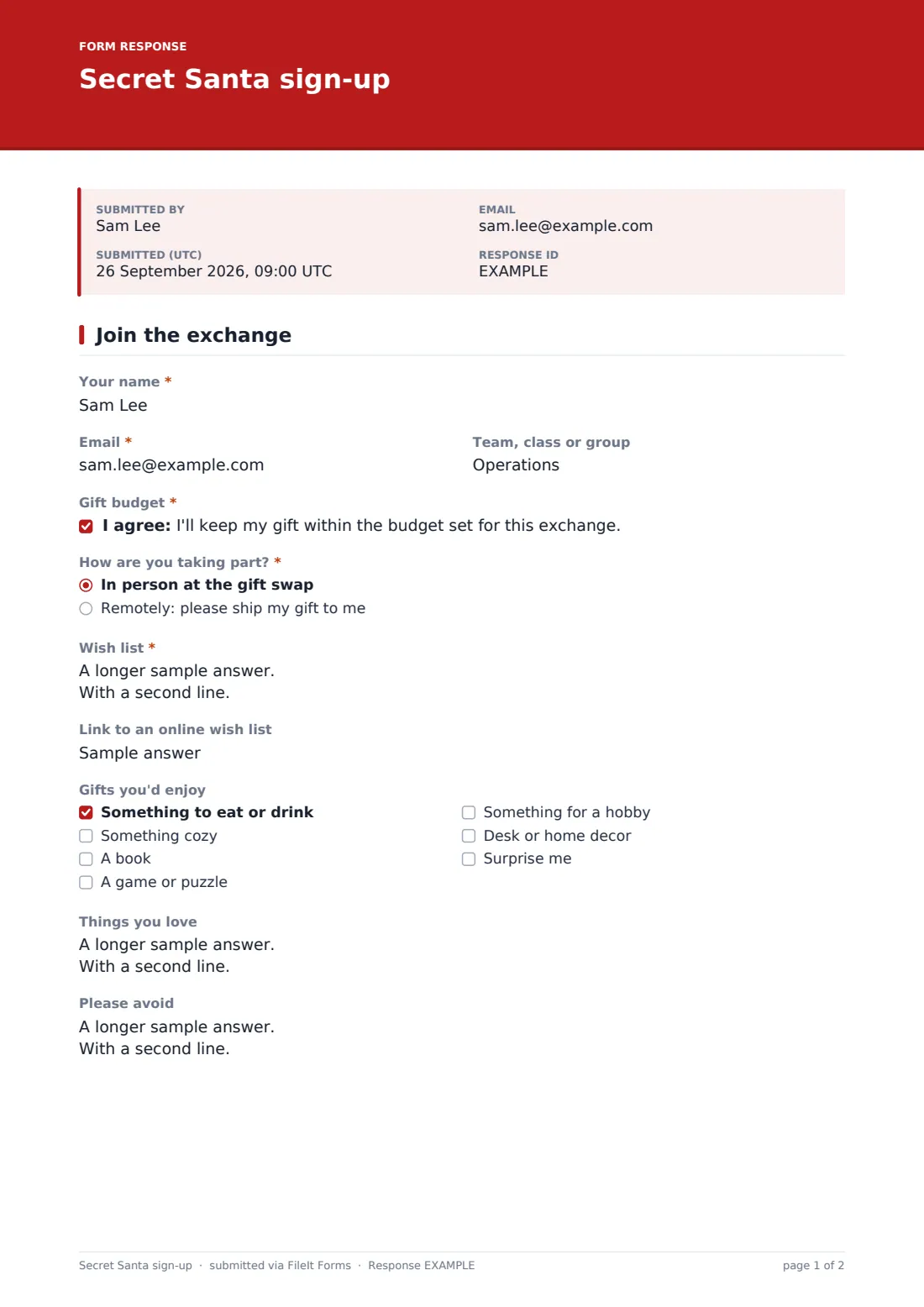 Secret Santa sign-up — example response PDF, page 1 of 2