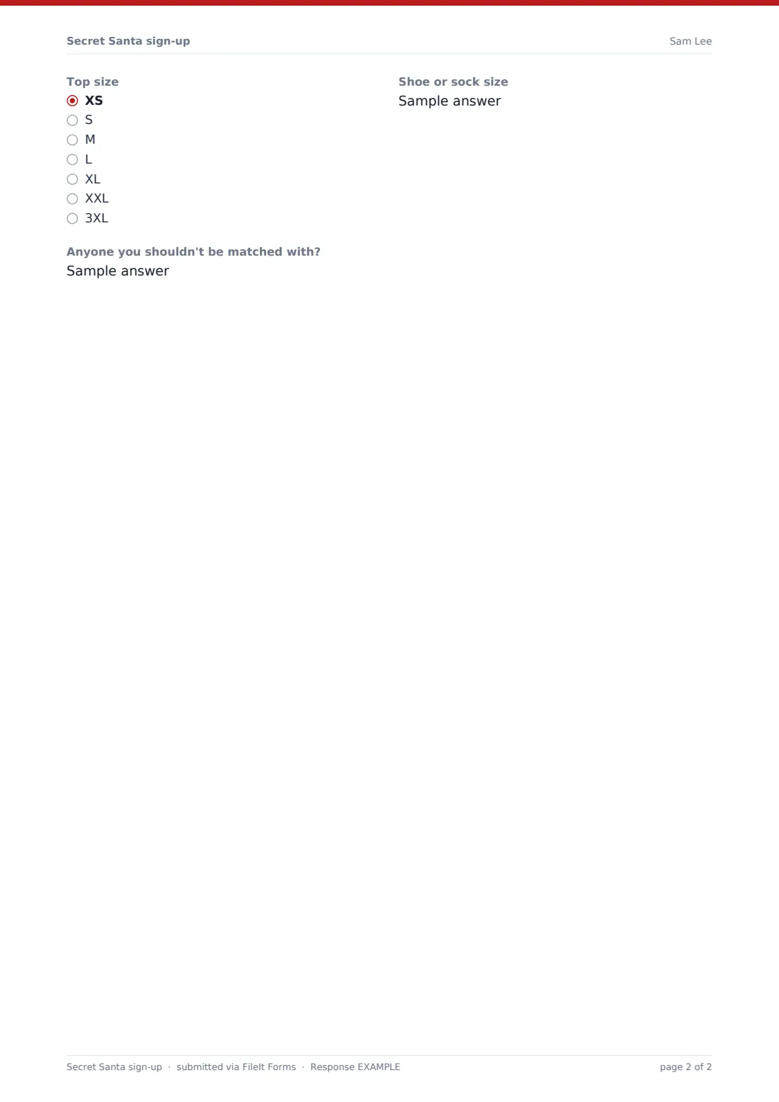 Secret Santa sign-up — example response PDF, page 2 of 2