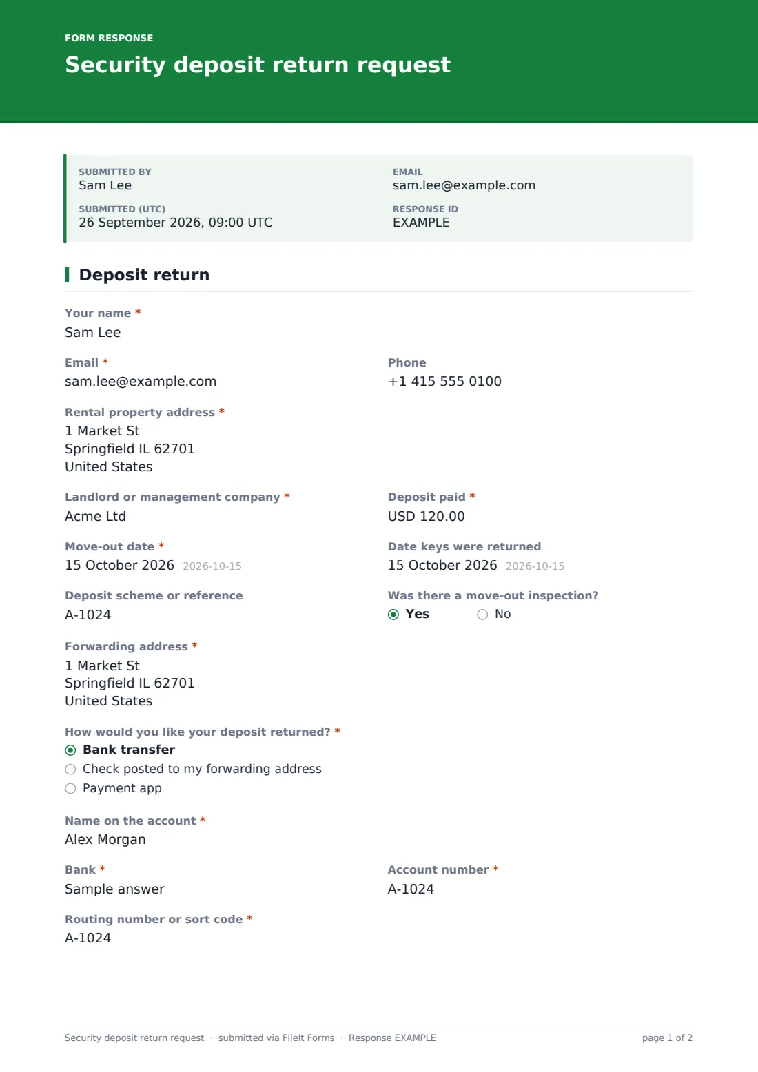 Security deposit return request — example response PDF, page 1 of 2