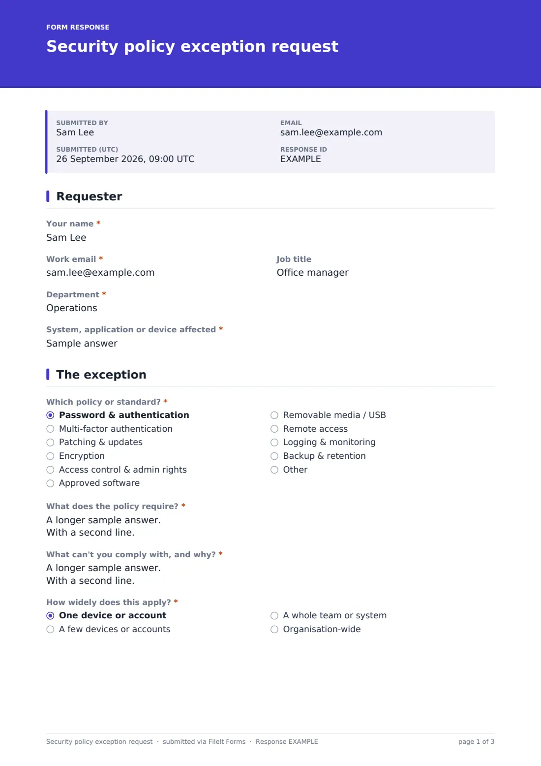 Security policy exception request — example response PDF, page 1 of 3