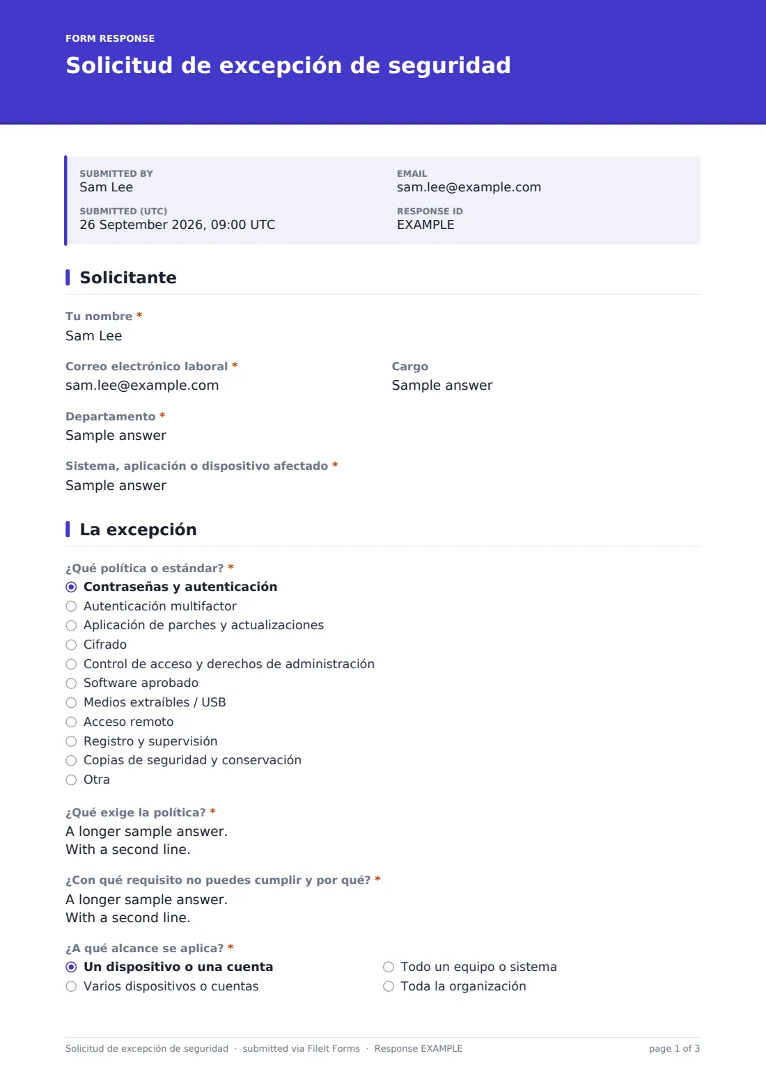 Solicitud de excepción de seguridad — PDF de respuesta de ejemplo, página 1 de 3