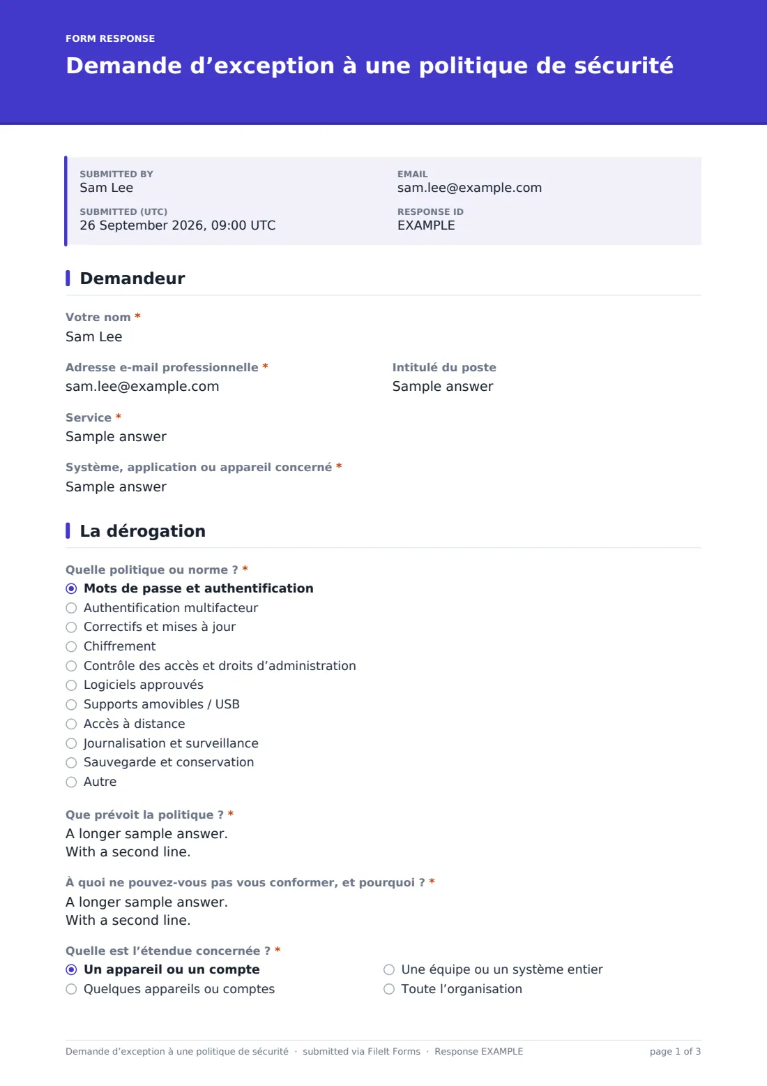 Demande d’exception à une politique de sécurité — exemple de réponse au format PDF, page 1 sur 3