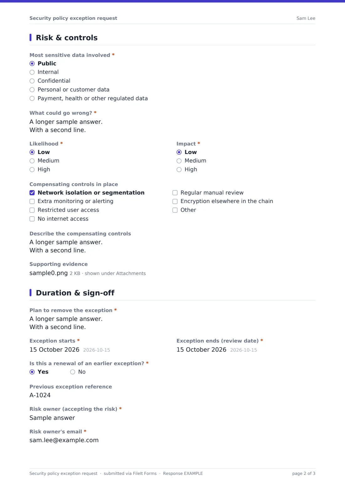 Security policy exception request — example response PDF, page 2 of 3