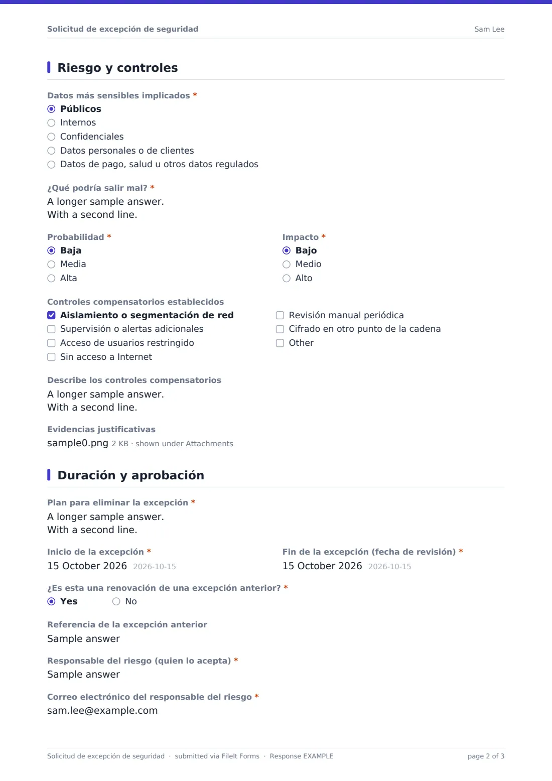 Solicitud de excepción de seguridad — PDF de respuesta de ejemplo, página 2 de 3