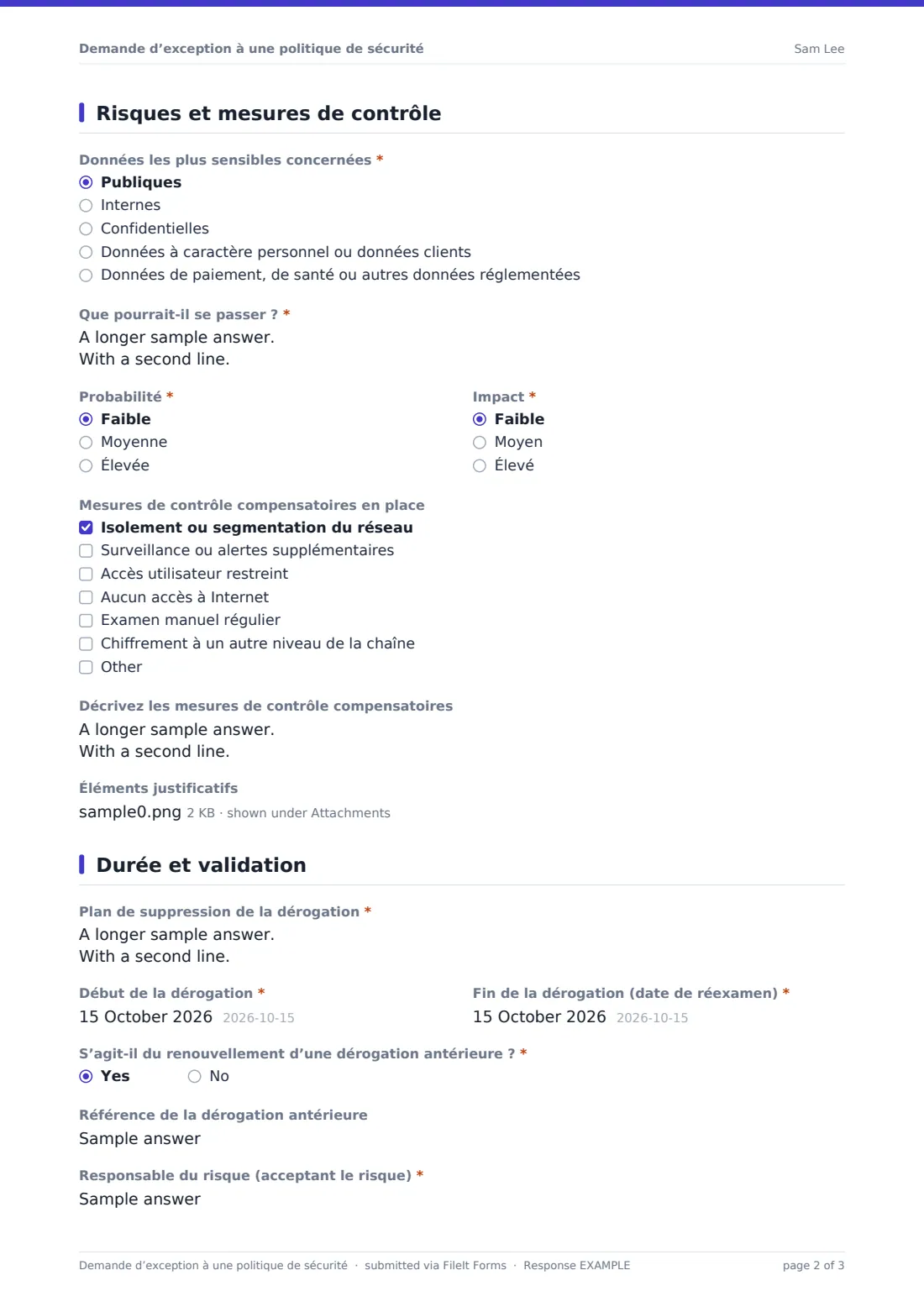 Demande d’exception à une politique de sécurité — exemple de réponse au format PDF, page 2 sur 3