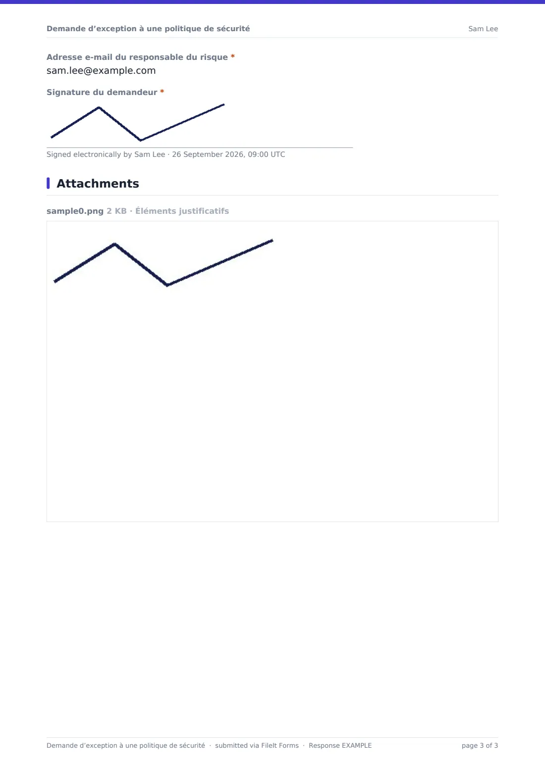 Demande d’exception à une politique de sécurité — exemple de réponse au format PDF, page 3 sur 3