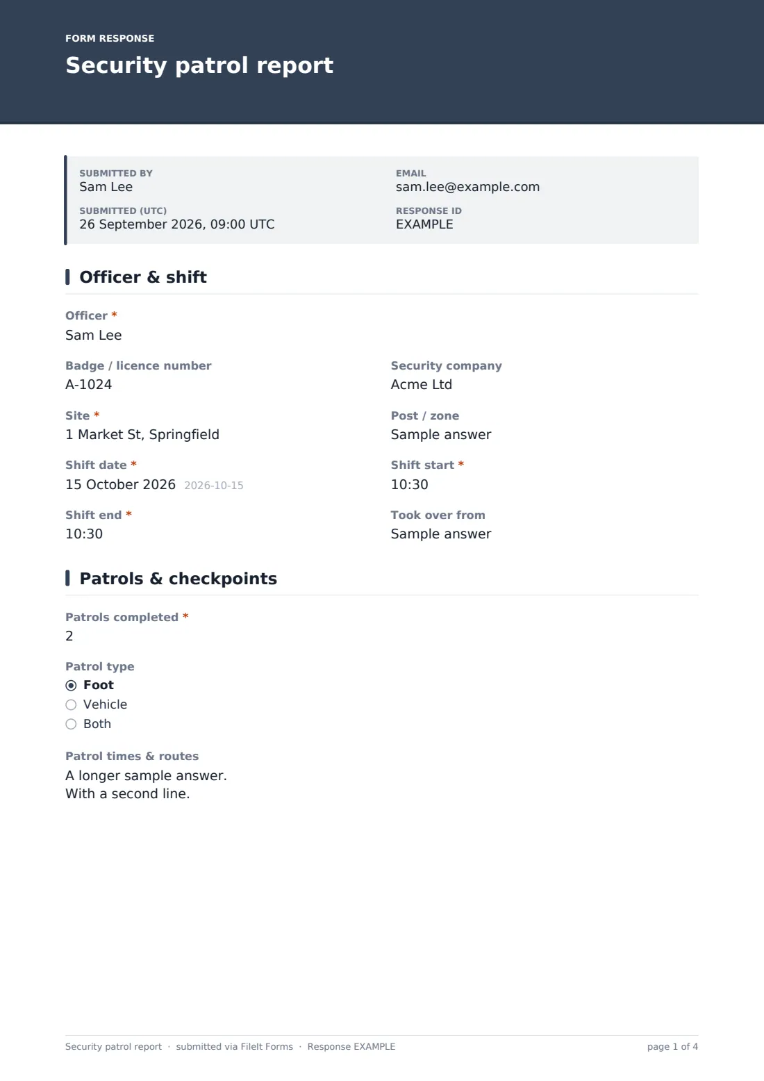 Security patrol report — example response PDF, page 1 of 4