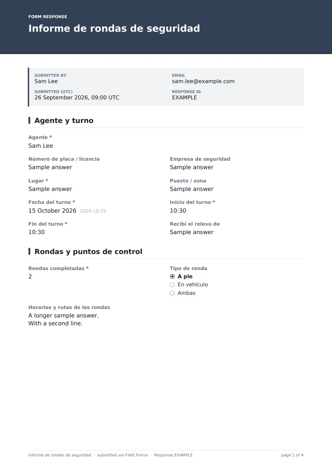 Informe de rondas de seguridad — PDF de respuesta de ejemplo, página 1 de 4