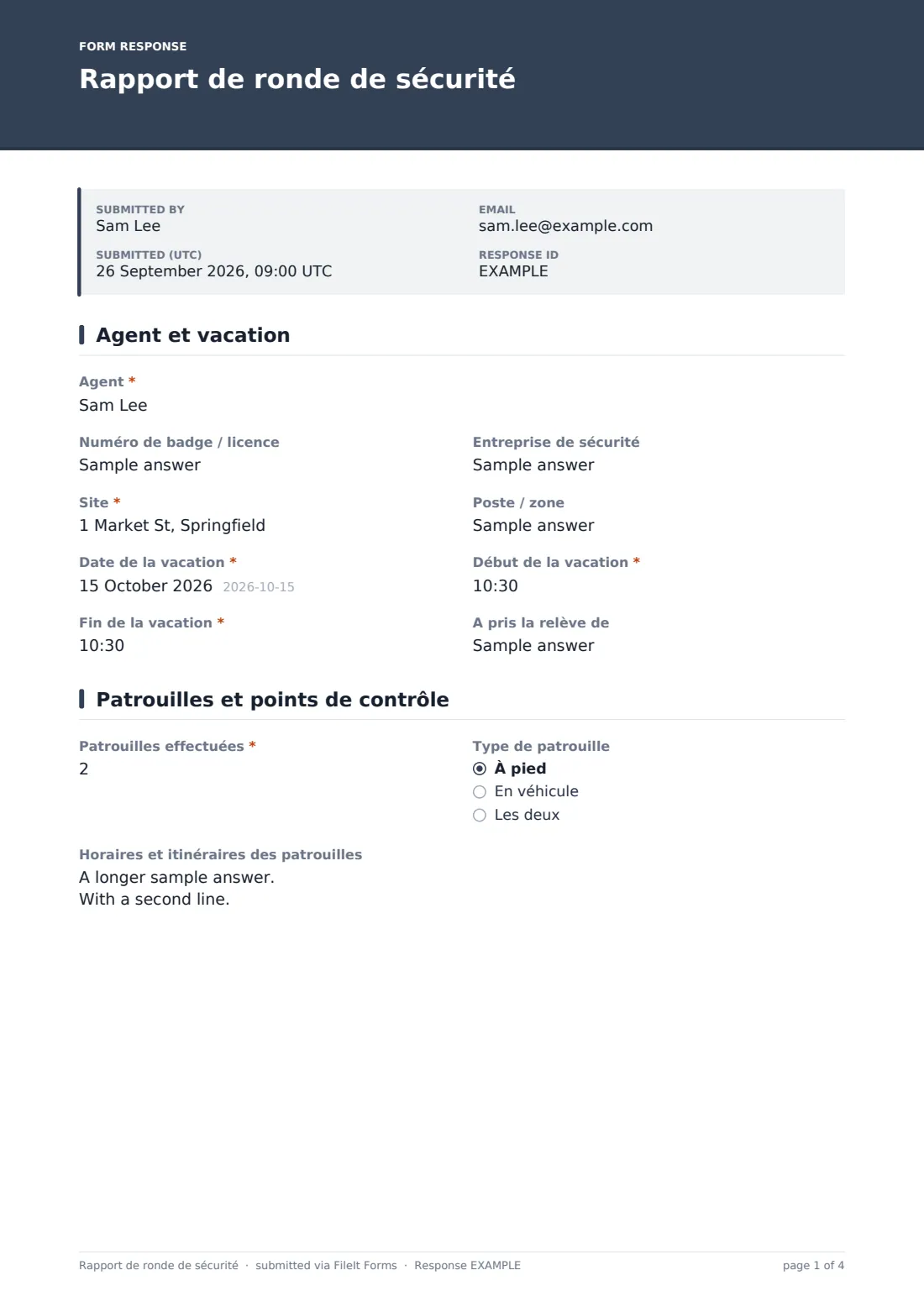 Rapport de ronde de sécurité — exemple de réponse au format PDF, page 1 sur 4