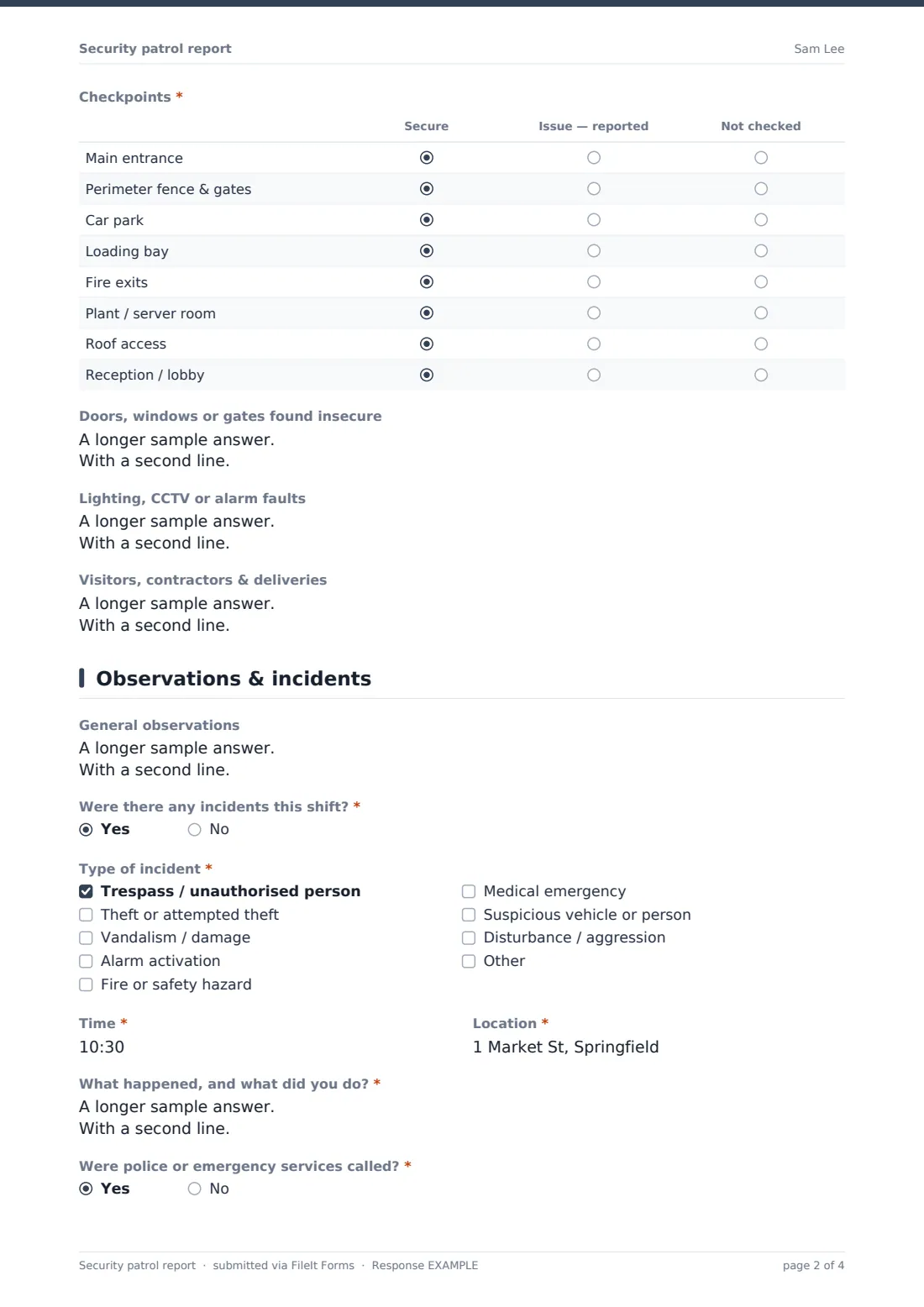 Security patrol report — example response PDF, page 2 of 4