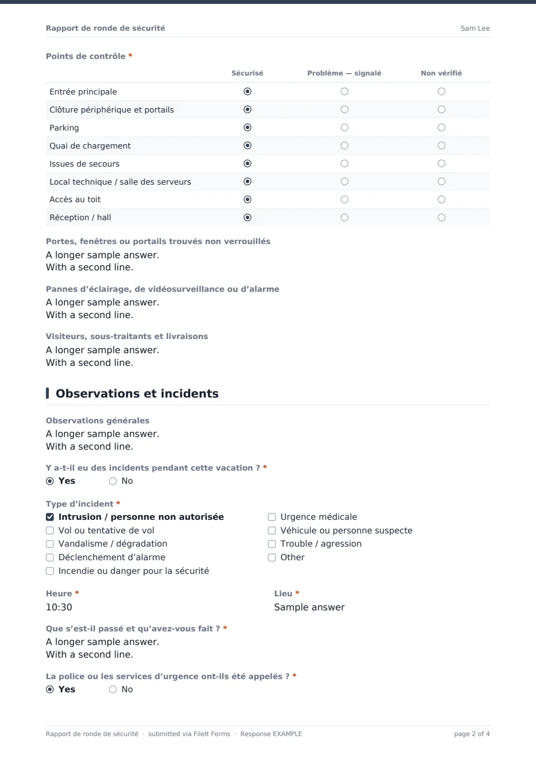 Rapport de ronde de sécurité — exemple de réponse au format PDF, page 2 sur 4