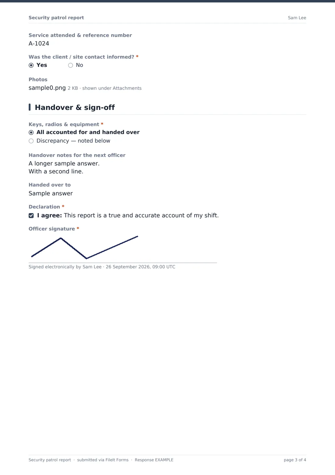 Security patrol report — example response PDF, page 3 of 4