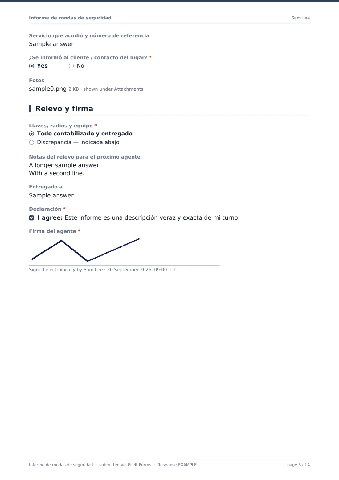 Informe de rondas de seguridad — PDF de respuesta de ejemplo, página 3 de 4