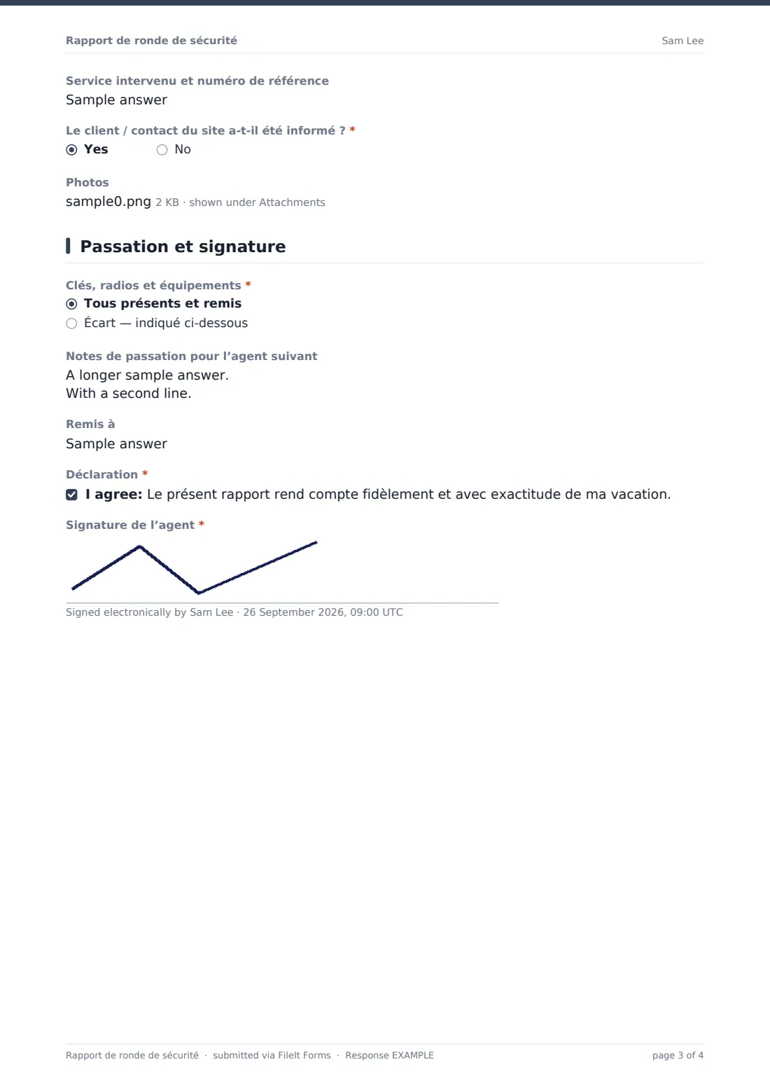 Rapport de ronde de sécurité — exemple de réponse au format PDF, page 3 sur 4