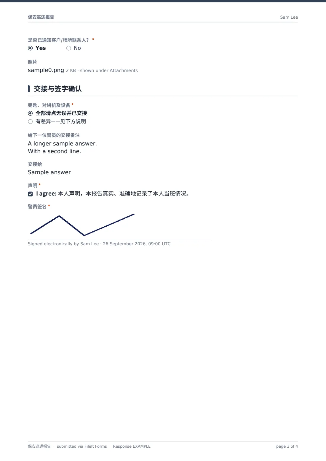 保安巡逻报告 — 示例回复 PDF，第 3 页，共 4 页