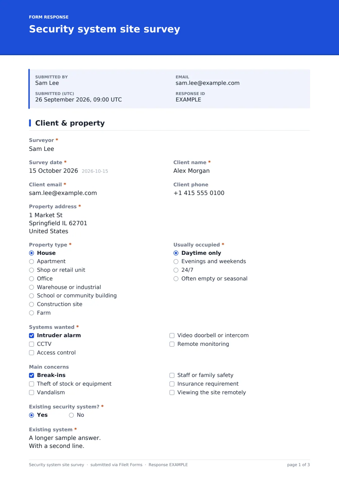 Security system site survey — example response PDF, page 1 of 3