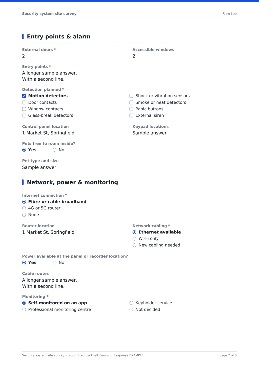 Security system site survey — example response PDF, page 2 of 3