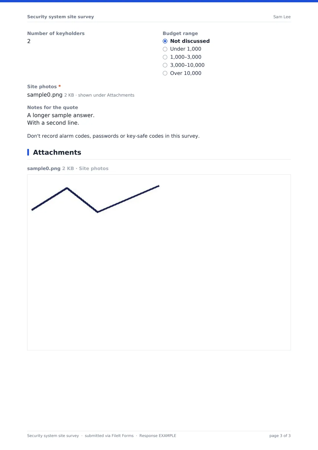 Security system site survey — example response PDF, page 3 of 3