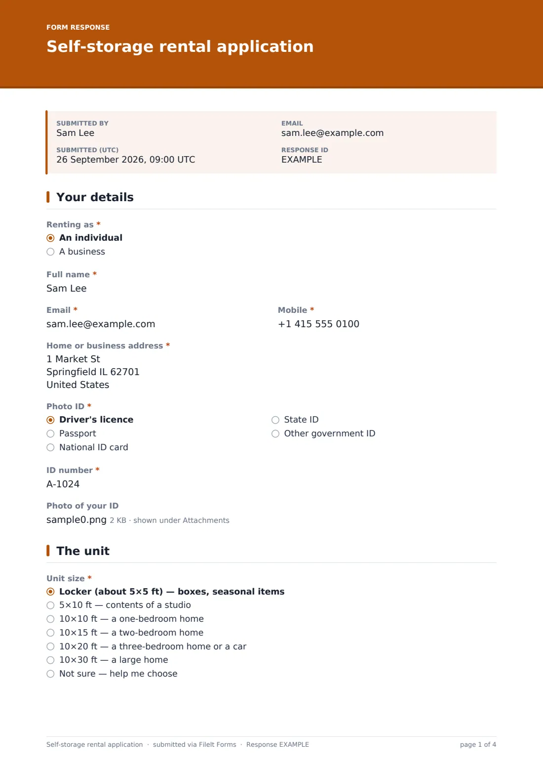 Self-storage rental application — example response PDF, page 1 of 4