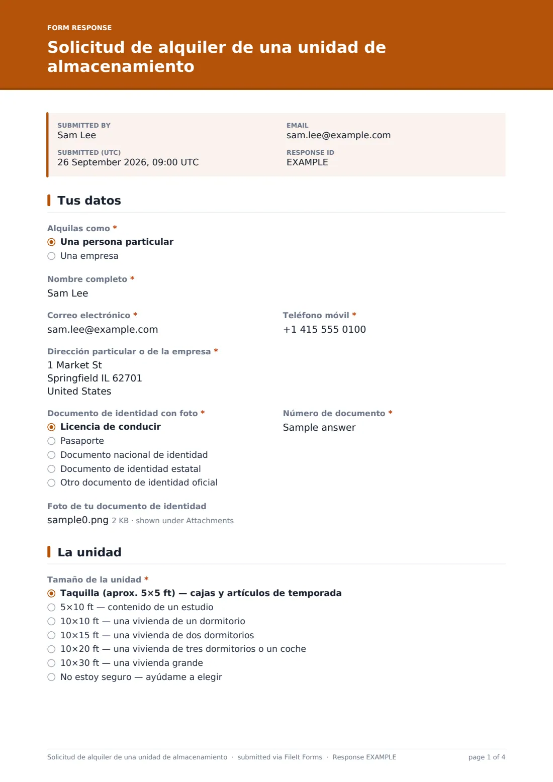 Solicitud de alquiler de una unidad de almacenamiento — PDF de respuesta de ejemplo, página 1 de 4