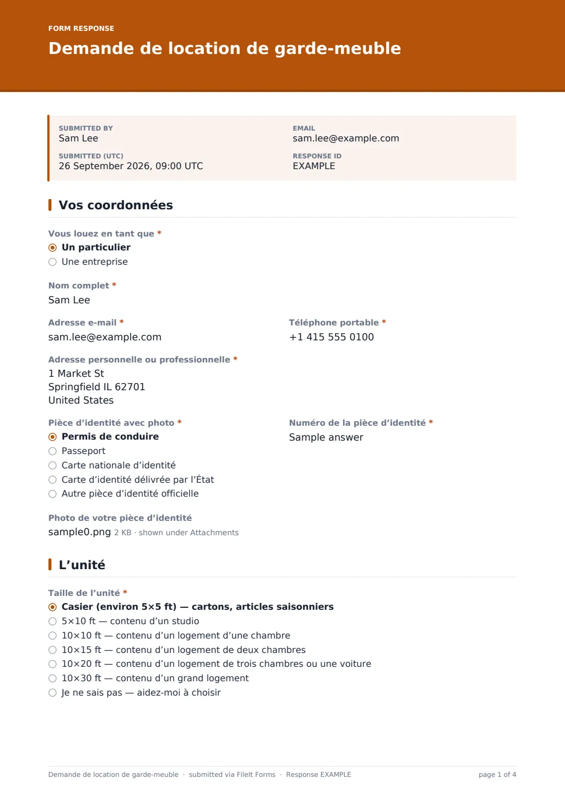 Demande de location de garde-meuble — exemple de réponse au format PDF, page 1 sur 4