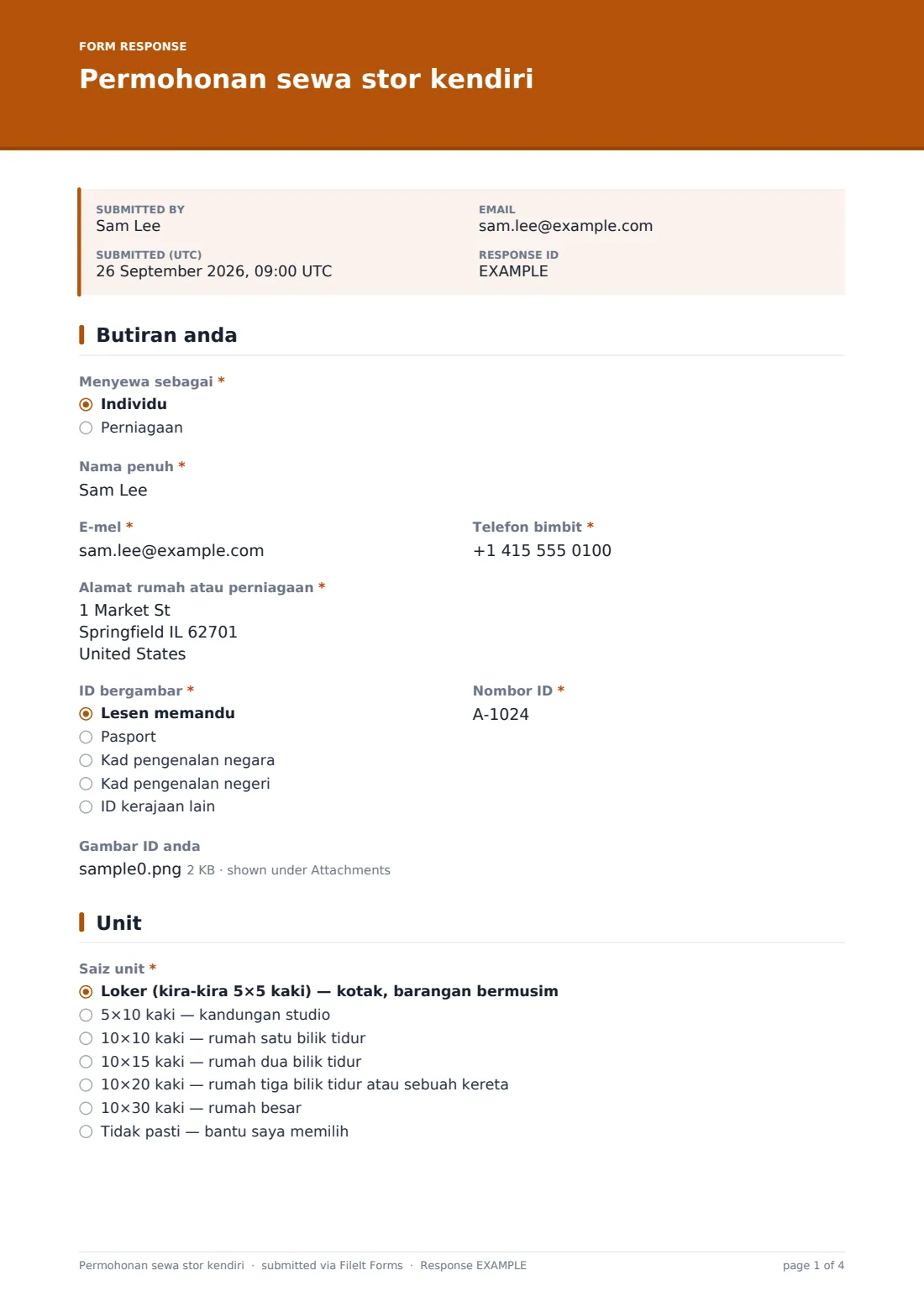 Permohonan sewa stor kendiri — PDF respons contoh, halaman 1 daripada 4