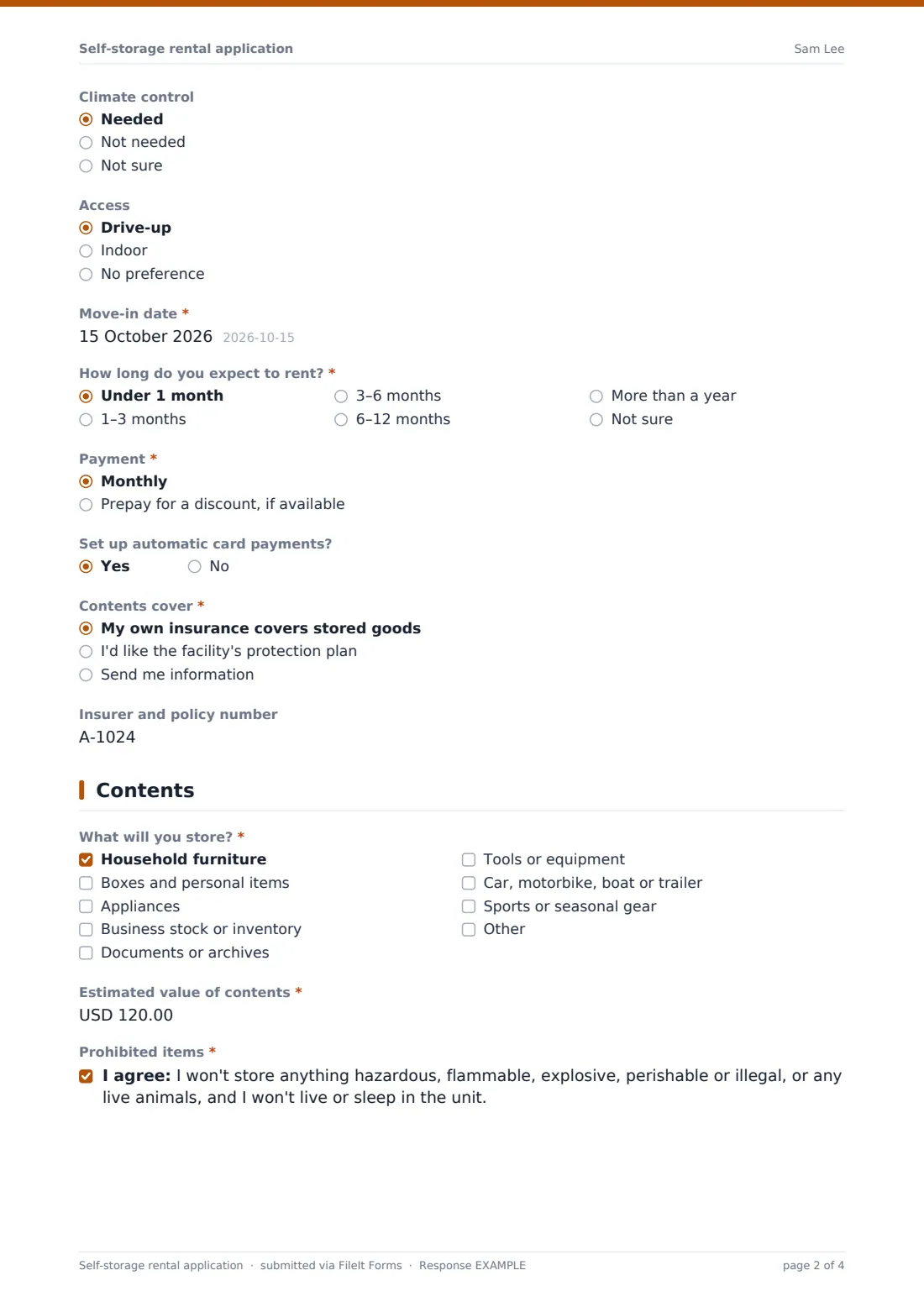 Self-storage rental application — example response PDF, page 2 of 4