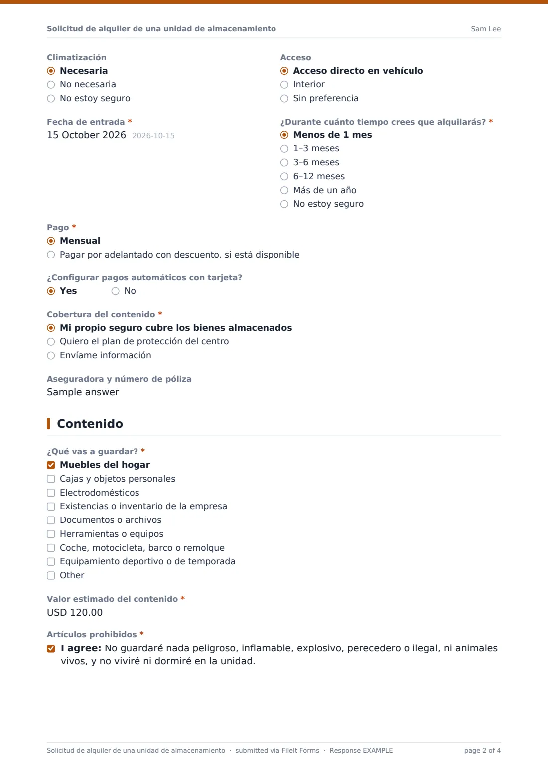Solicitud de alquiler de una unidad de almacenamiento — PDF de respuesta de ejemplo, página 2 de 4