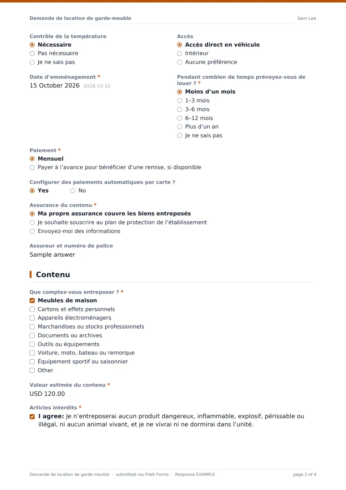 Demande de location de garde-meuble — exemple de réponse au format PDF, page 2 sur 4