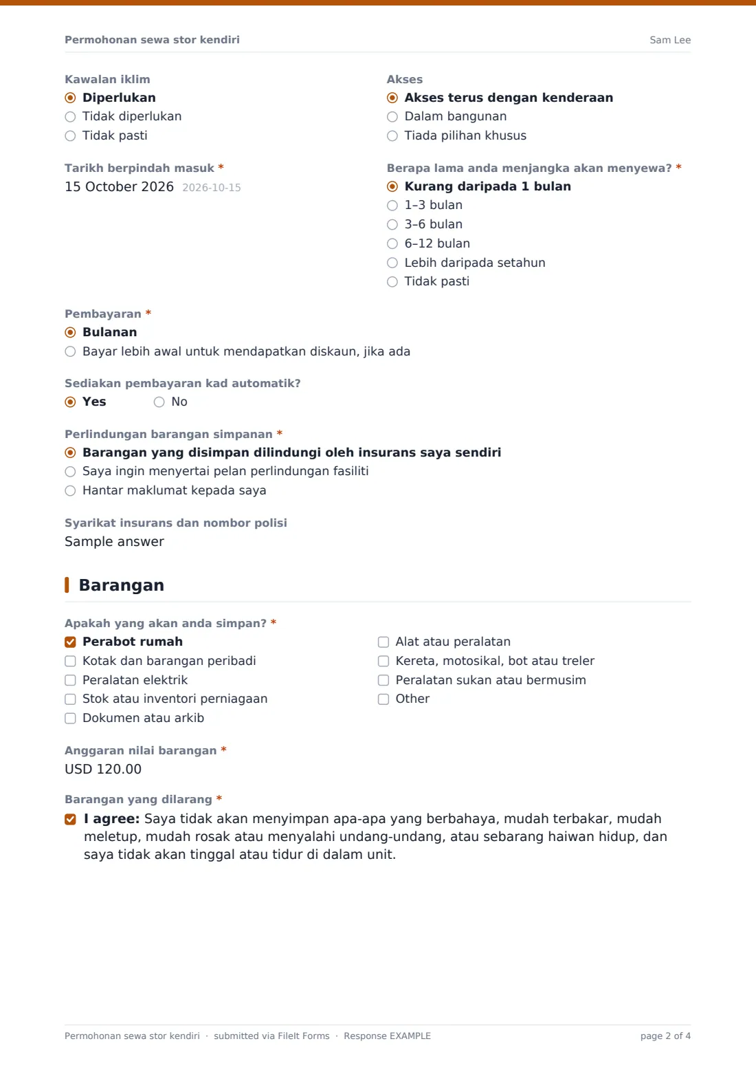 Permohonan sewa stor kendiri — PDF respons contoh, halaman 2 daripada 4