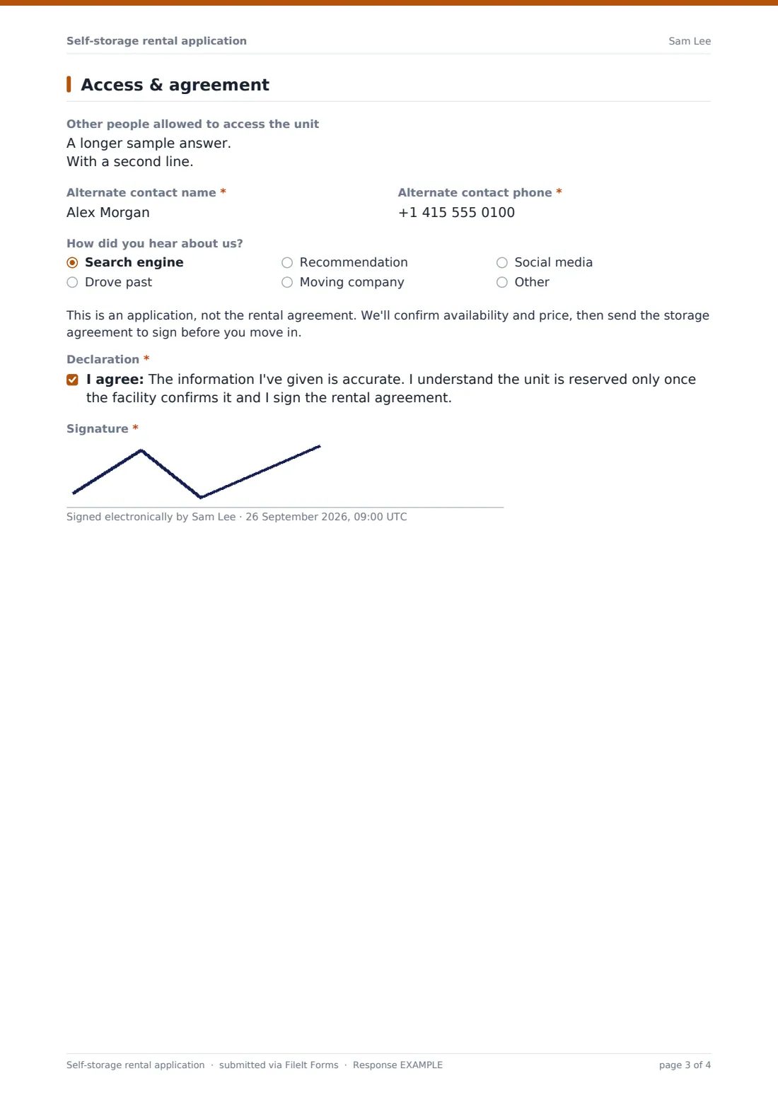 Self-storage rental application — example response PDF, page 3 of 4