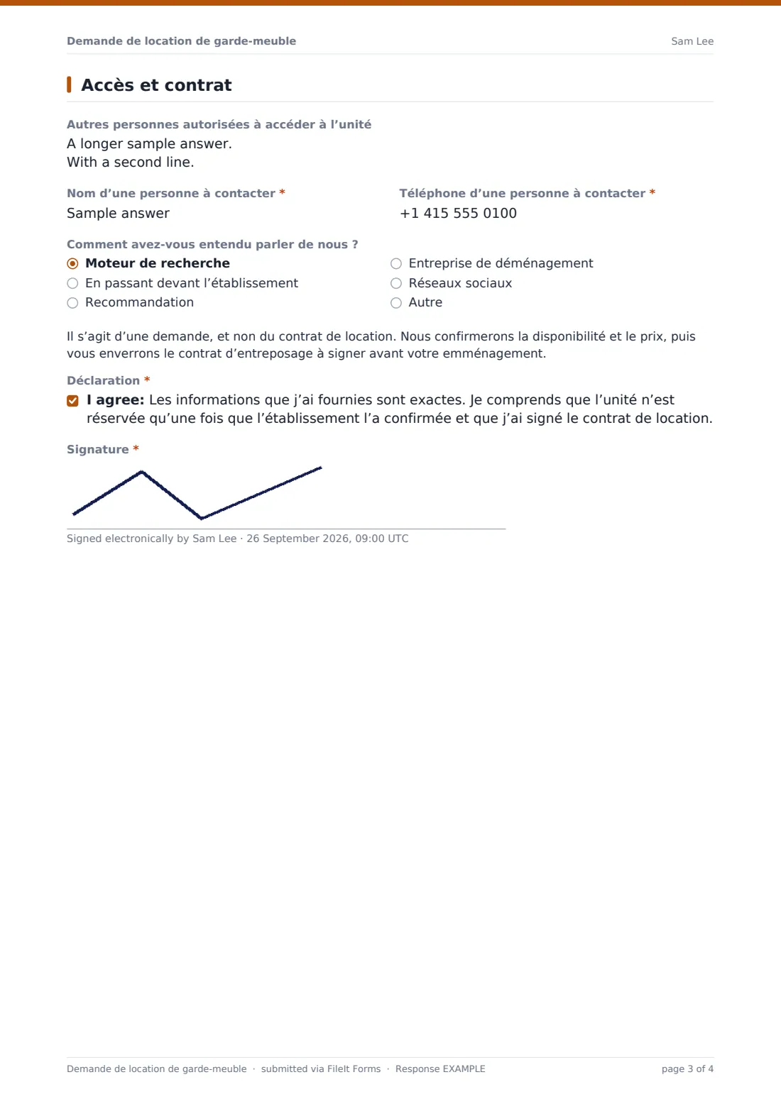 Demande de location de garde-meuble — exemple de réponse au format PDF, page 3 sur 4