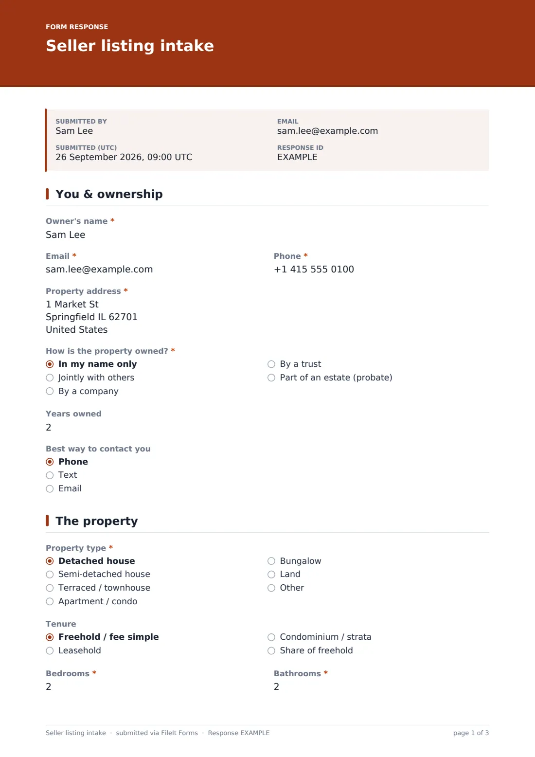Seller listing intake — example response PDF, page 1 of 3