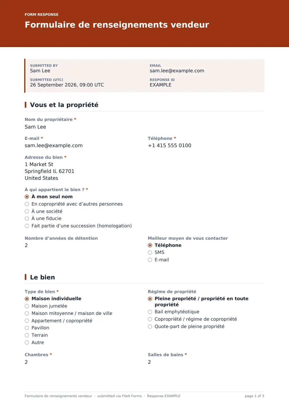 Formulaire de renseignements vendeur — exemple de réponse au format PDF, page 1 sur 3