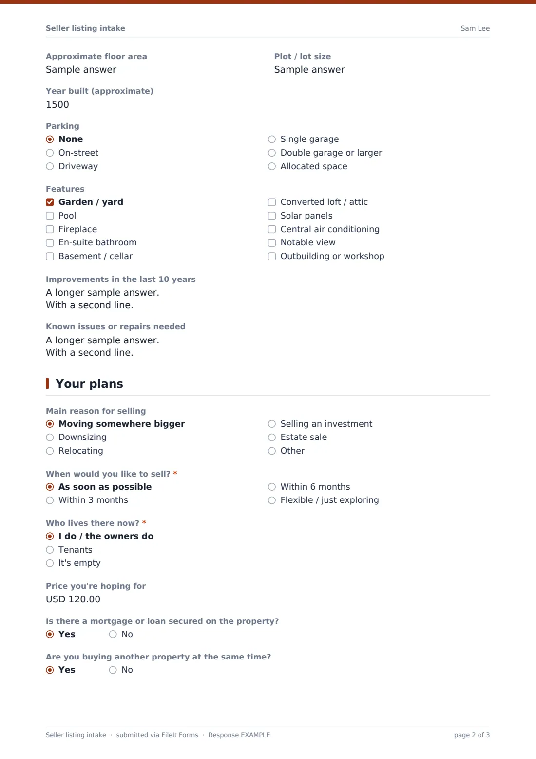 Seller listing intake — example response PDF, page 2 of 3