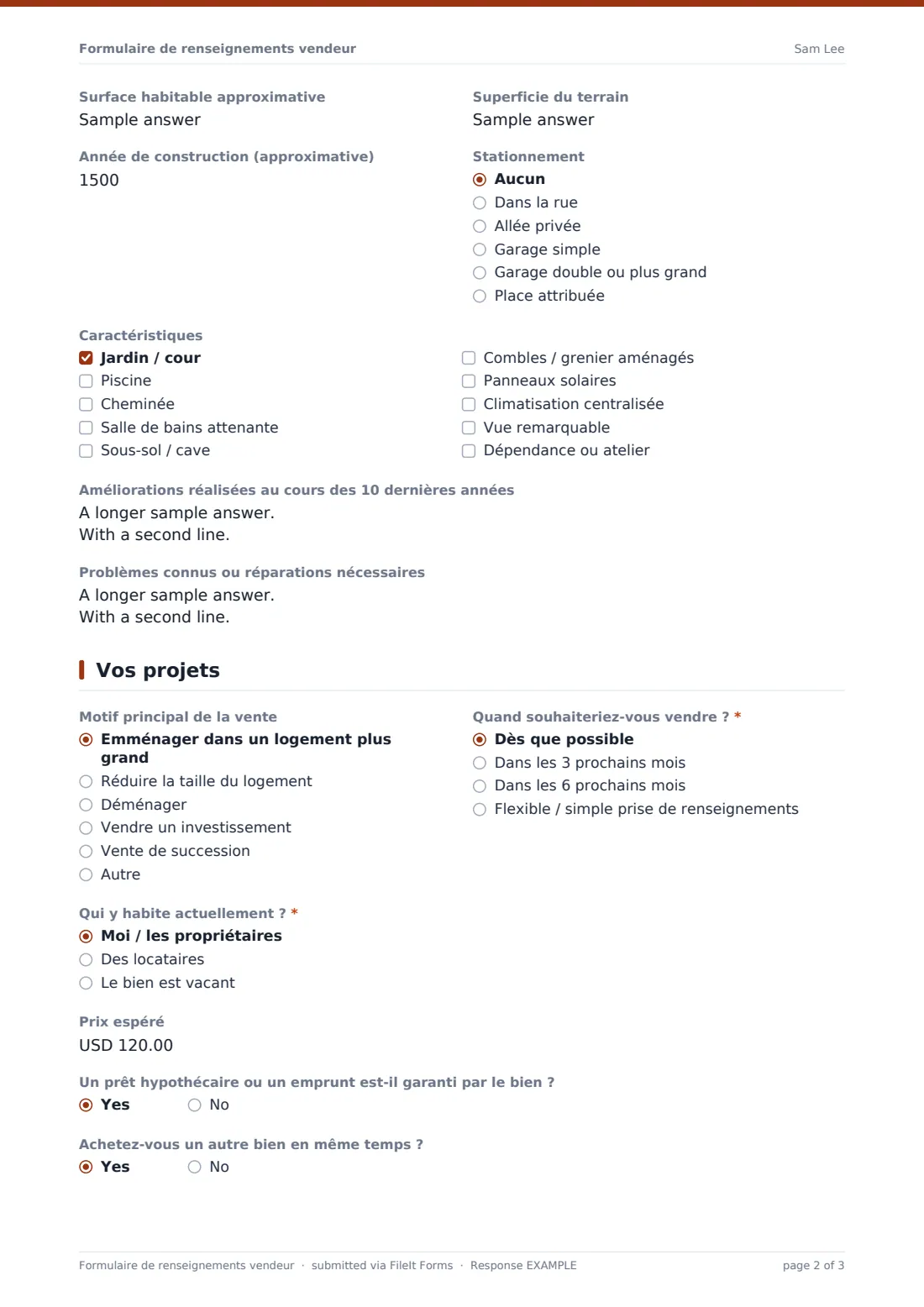 Formulaire de renseignements vendeur — exemple de réponse au format PDF, page 2 sur 3